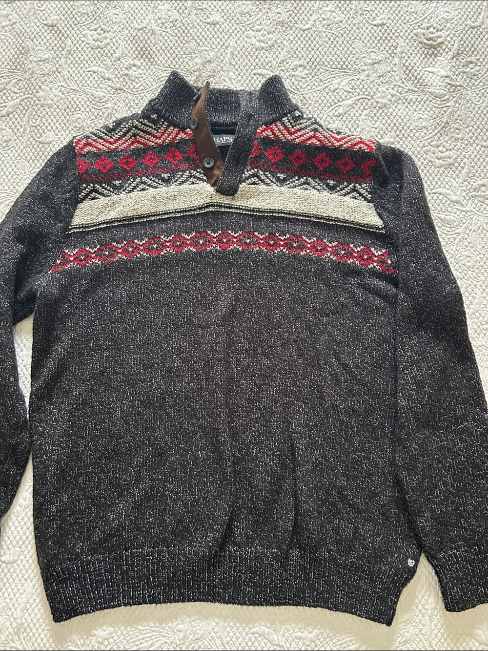 Chaps Men's Charcoal Fair Isle Zip Mock-Neck Sweater with Red and Cream Accents